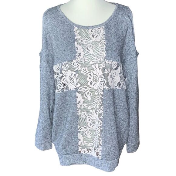 FOREVER 21 gray lace cold shoulder sweatshirt size M - Picture 3 of 11